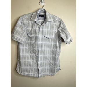 Bugatchi UOMO Mens Button Up Short Sleeve Shirt - Size Large White & Blue Print